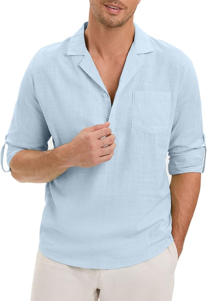 uretrendy 男式休闲亚麻亨利衬衫沙滩衬衫长袖嬉皮夏季上衣带口袋