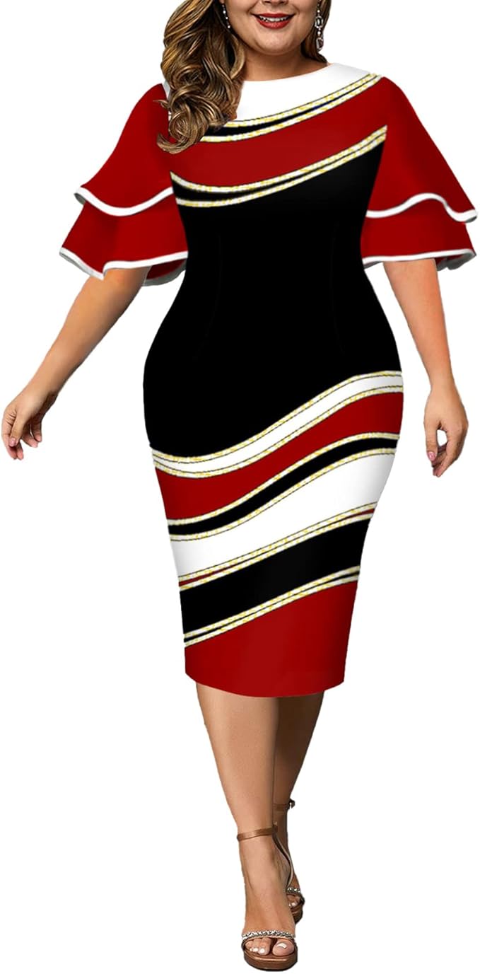 beverly女式加大码紧身铅笔裙褶皱半袖拼色办公室服紧身连衣裙