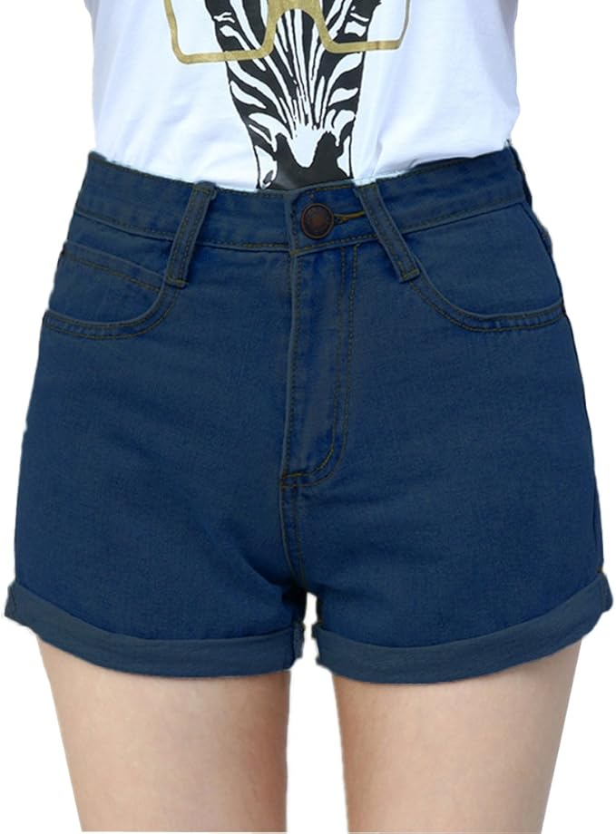weigou 女式牛仔短裤复古复古高腰磨边破毛边下摆牛仔短裤