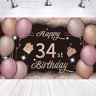 34 岁生日快乐背景横幅黑色粉色 34 岁标志海报 34 岁生日派对用品