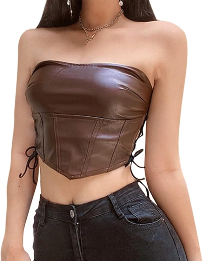 女式性感 pu 皮革紧身胸衣露脐上衣无袖上衣紧身胸衣吊带背心带侧绑带