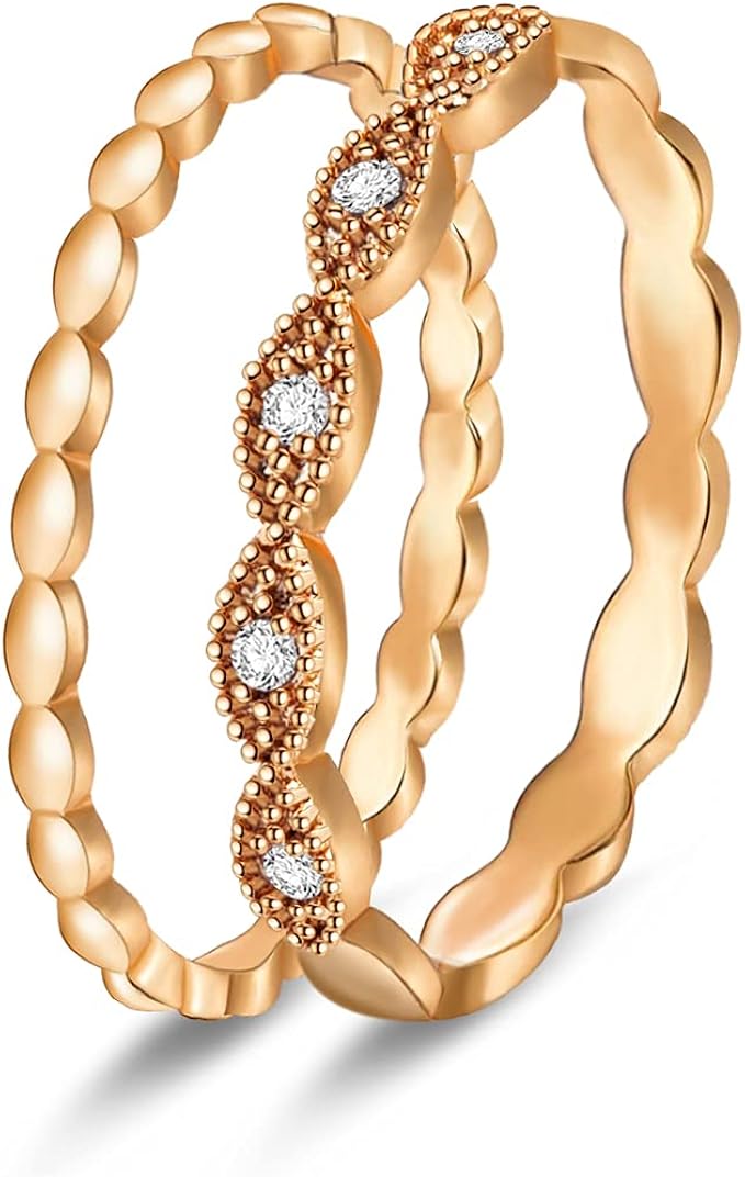 marquise 金戒指套装 女式 2 件 14k 真金镀银玫瑰金可堆叠戒指水晶方