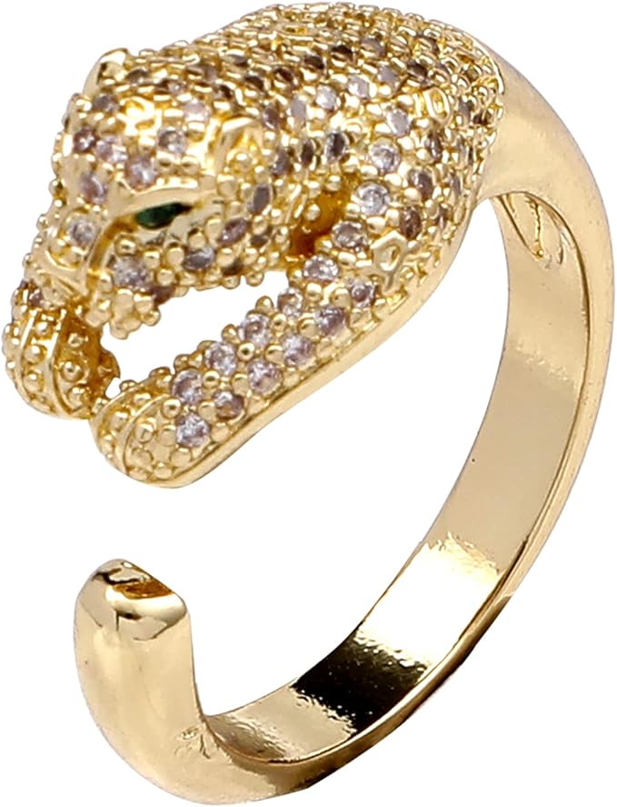 hofar 豹纹戒指适合男士女士,方晶锆石开口可调节动物戒指,时尚水钻