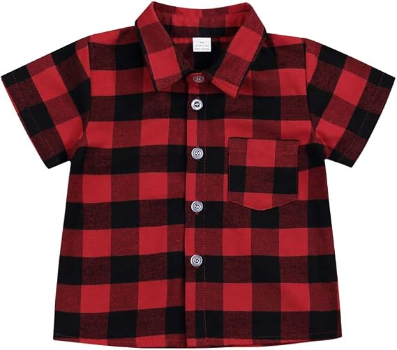 幼儿男童女童服装绅士服装红色格子法兰绒正式衬衫带纽扣儿童服装 1-6