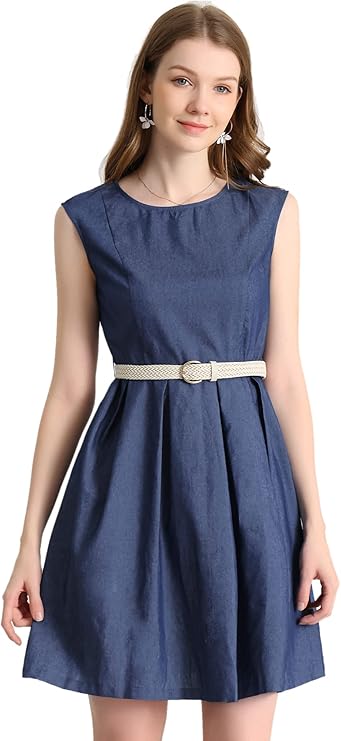 allegra k 女式牛仔连衣裙带腰带圆领过膝盖袖优雅工作 a 字连衣裙