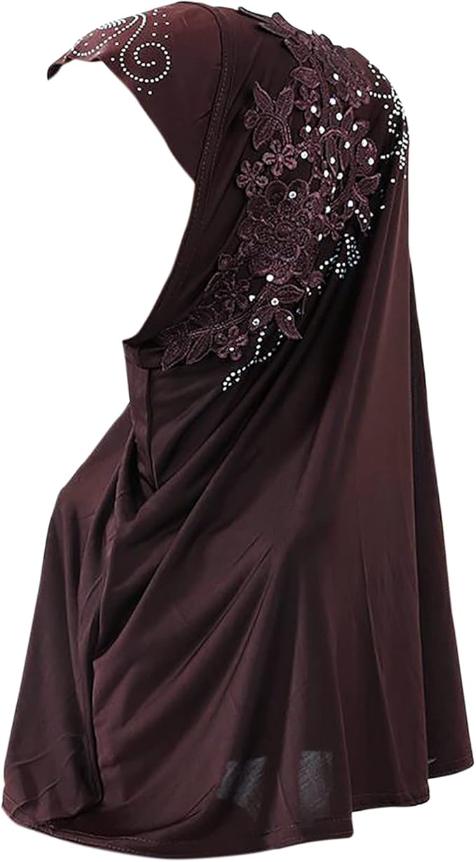 suillty 女式连体穆斯林头巾蕾丝贴花长头巾伊斯兰全头围巾披肩带水钻