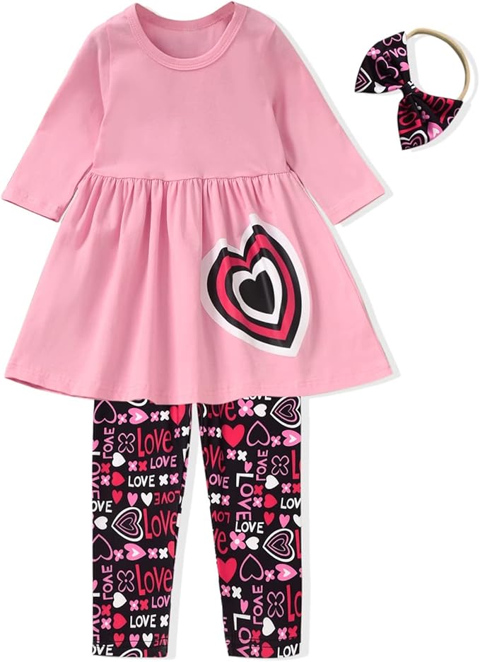 幼儿女孩情人节服装爱心衣服婴儿女孩褶皱束腰上衣和打底裤裤子套装