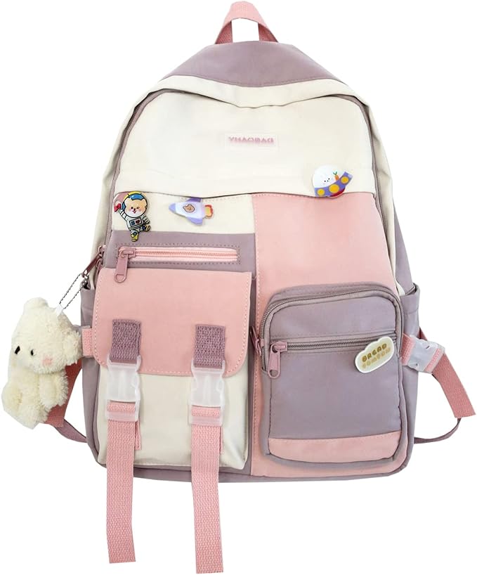 kawaii 帆布书包带别针可爱美学背包时尚书包轻便旅行包, 蓝色和粉色 