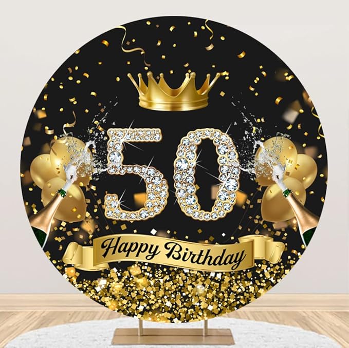 laeacco 8x8 英尺 50 岁生日圆形背景女士黑色金色皇冠气球闪光水钻