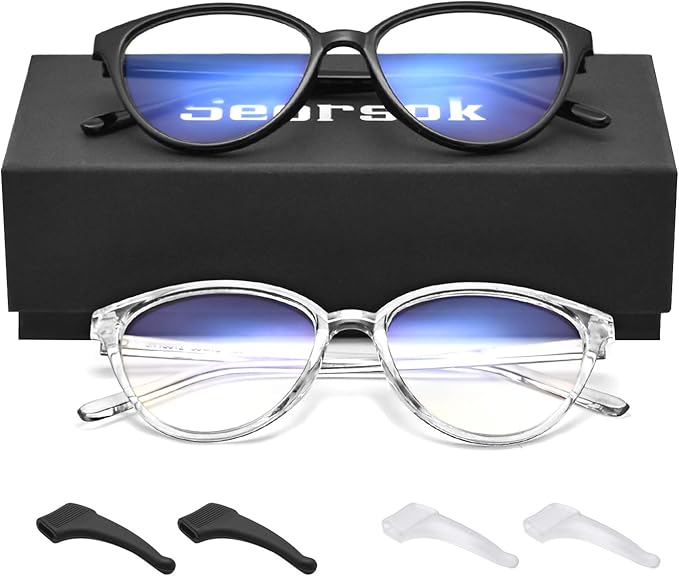seorsok 防蓝光眼镜女士复古猫眼框架带防滑扣- 2 件装:黑色 透明加里