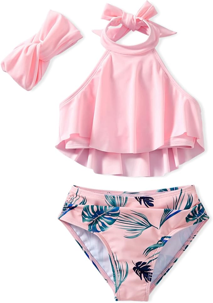 patpat 幼童女童 3 件套高腰泳衣荷叶边挂脖李子叶印花比基尼套装带头