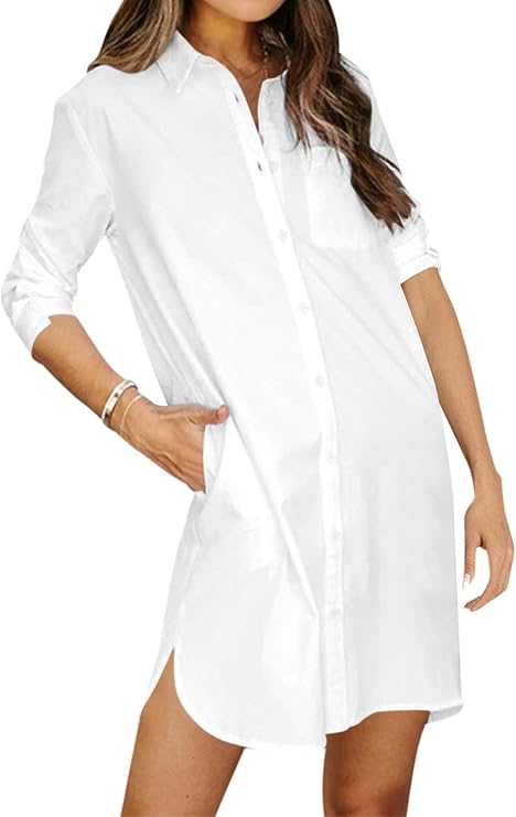 kenoce 女式衬衫连衣裙v领纯色宽松长袖衬衫连衣裙休闲长款束腰上衣