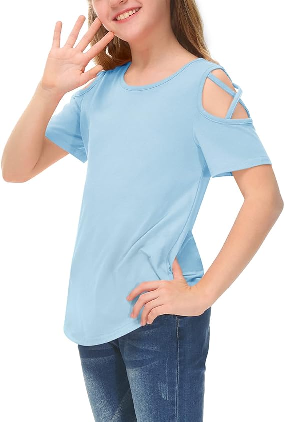 besserbay女孩夏季十字交叉剪裁短袖衬衫纯色t恤衣服614岁