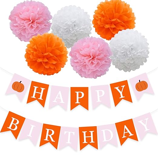 女孩秋季生日派对横幅小南瓜主题装饰感恩节粉色橙色绒球用品