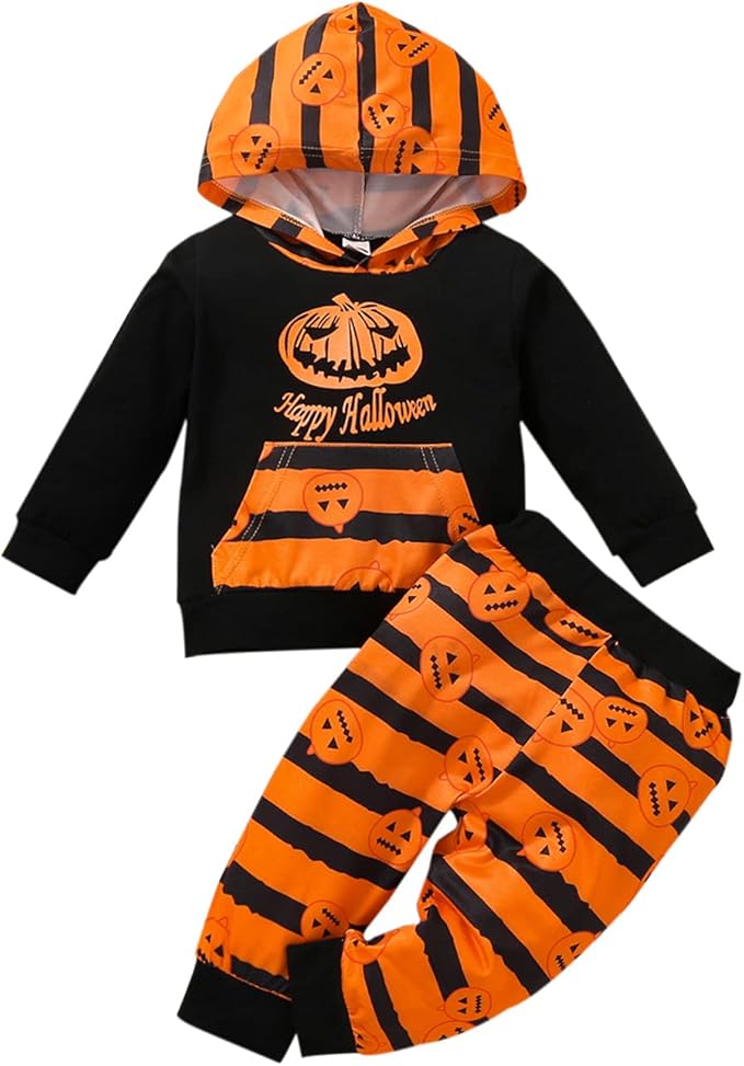 wmjj 幼儿男婴服装万圣节南瓜鬼长袖连帽衫棉质上衣   裤子秋冬衣服 2