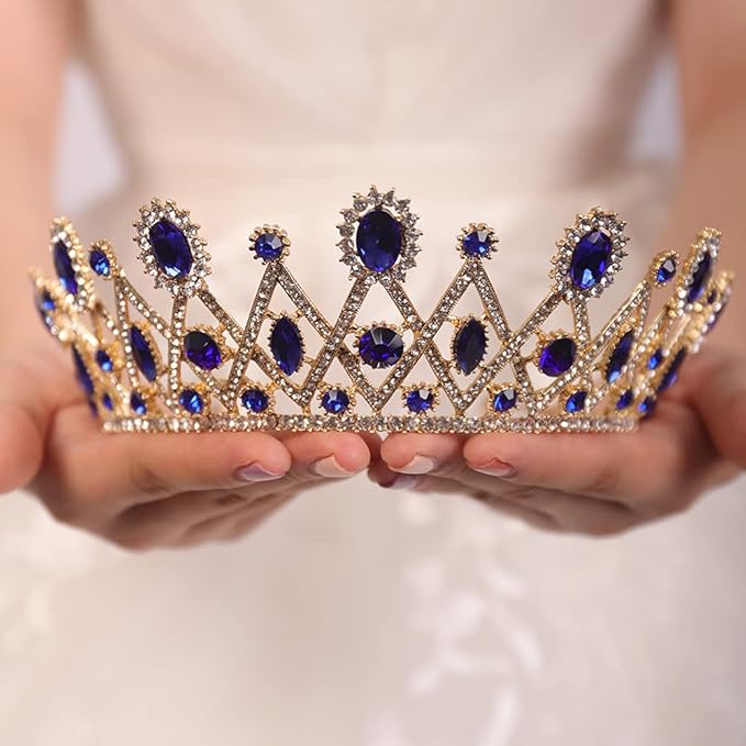 jwicos *蓝色皇家全圆形水晶皇后皇冠新娘婚礼发饰 适用于新娘和伴娘