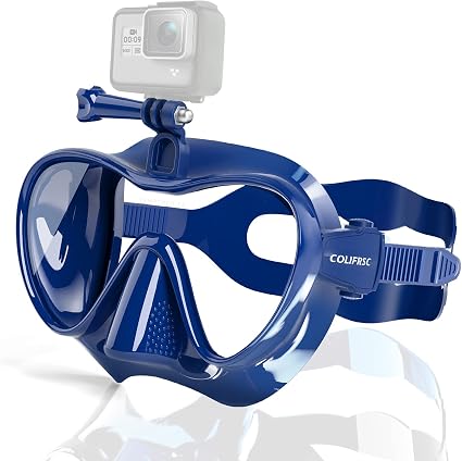 Snorkel Mask 无框潜水面罩 带支架 适用于gopro 防雾钢化玻璃护目镜潜水游泳面罩浮潜装备套装 适用于水肺潜水 浮潜自由游泳 成人 蓝色 亚马逊中国 运动户外休闲