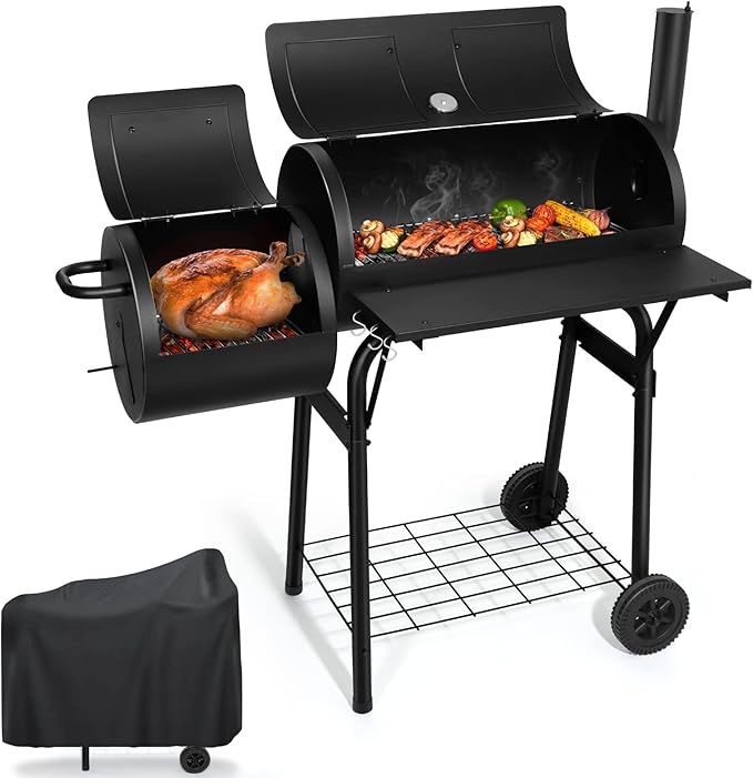 大型钢制烧烤架,带保护盖,适用于户外露营烧烤/后院烧烤吸烟,重型和双