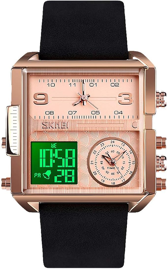 skmei 男式数字运动手表,led 方形大脸模拟石英腕表,多时区防水秒表