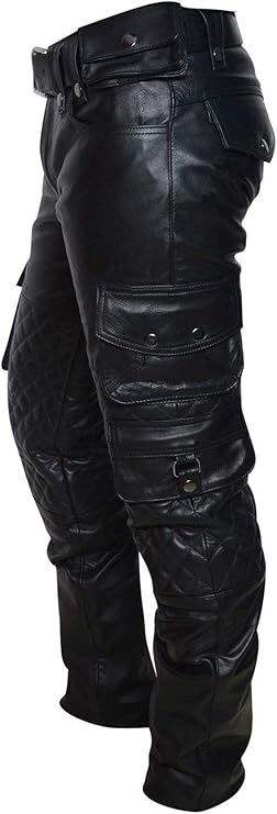 男式皮裤 biker joggers 黑色皮革绗缝工装裤 摩托车裤