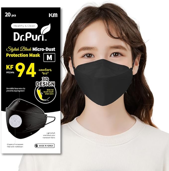 dr.puri [20 片装] 新型微尘防护高级口罩 (kf94) 黑色中号