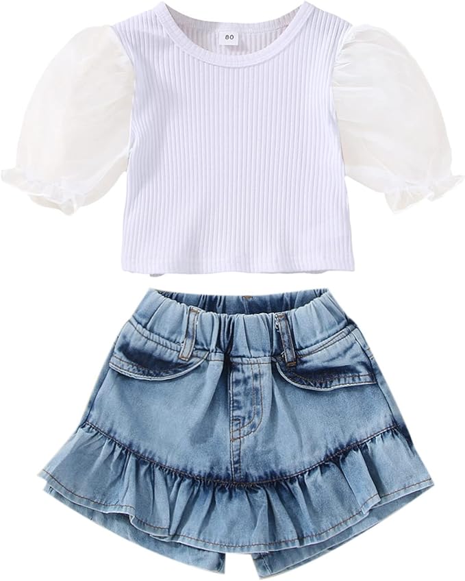 幼儿女婴牛仔服装泡泡短袖上衣   迷你牛仔短裤 2 件衣服套装