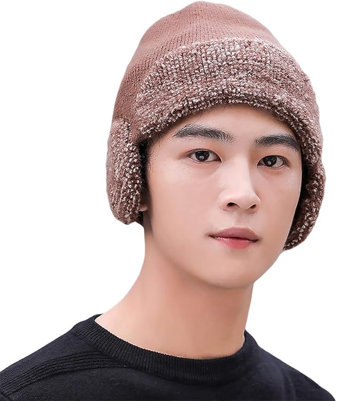 anlaey 男式针织无檐*帽羊毛内衬耳罩冬季帽子骷髅帽带暖耳防风