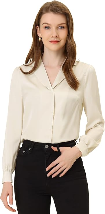 allegra k 女士工作办公室衬衫缎面长袖露营领优雅系扣衬衫