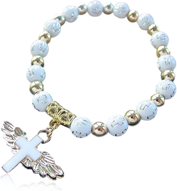 first communion gifts for girls 十字架念珠手镯天使之翼十字架魅力