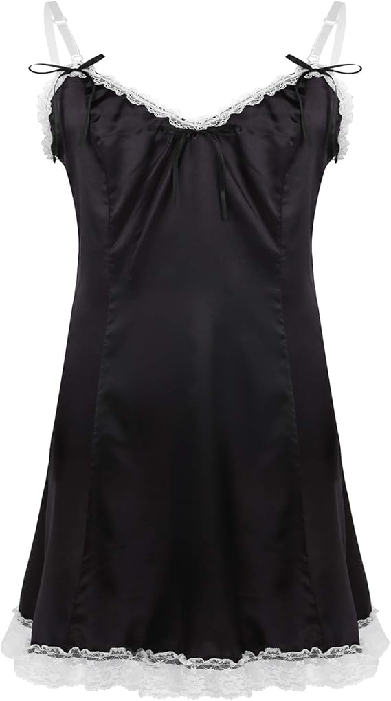 nimiya 男士缎面蕾丝花边细肩带 v 领吊带连衣裙 十字裙睡裙