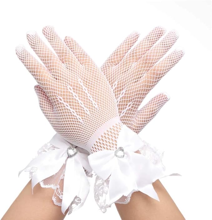 casdre水晶婚礼短款手套白色花卉蕾丝新娘手套手腕长度蝴蝶结哥特式
