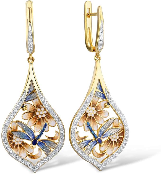 santuzza 蜻蜓珐琅耳环 14k 镀金纯银高级珠宝