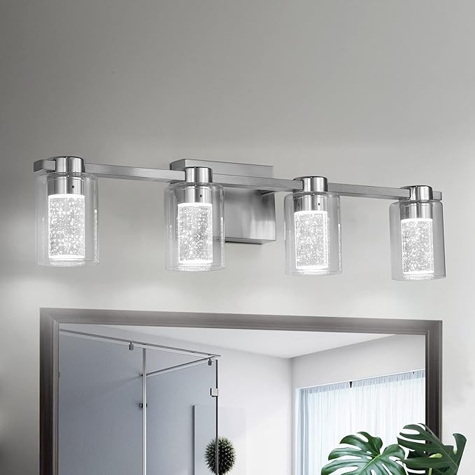 SADENICEL 4 Lights Bathroom Light Fixture, Brushed Nickel Vanity Lamp, Dimmable LED White/Neutral/Warm Crystal Bathroom Vanity Mirror for Bathroom, Bedroom, Living Room (4 Lights)