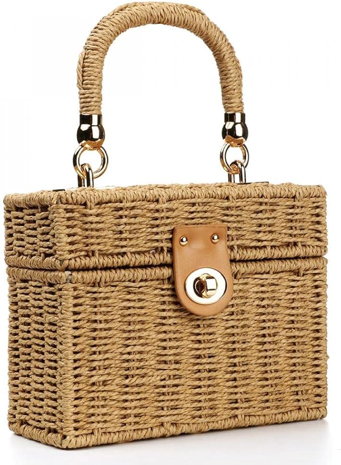 女士藤袋手工编织藤条斜挎包吸管编织包带皮革肩带夏季复古沙滩手提包