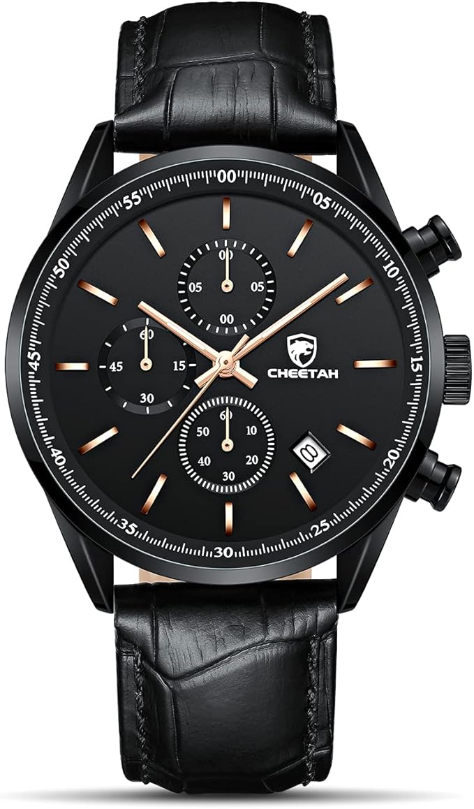 cheetah 时尚男士手表黑色皮革表带 3atm 防水计时石英手表黑色表盘