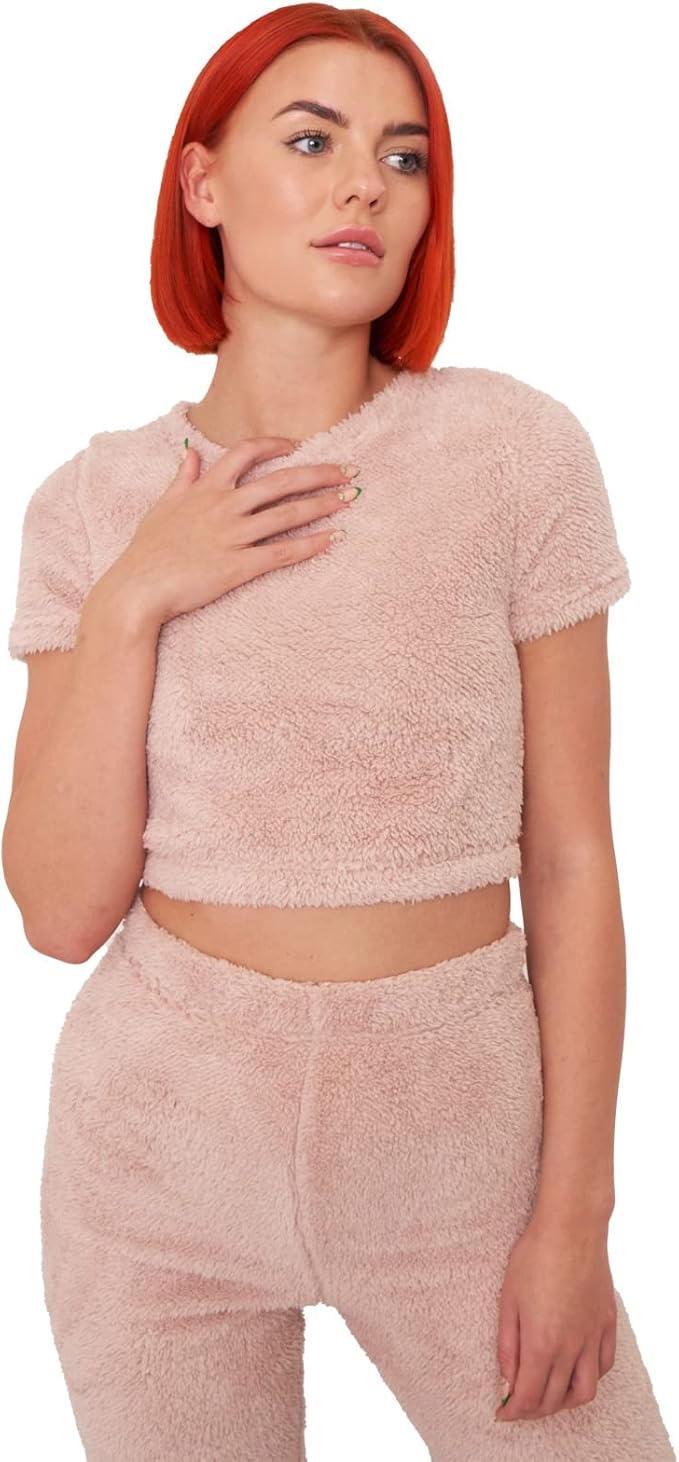 ohs 泰迪绒露脐上衣,短袖,保暖,柔软,无腹部,单色,女士休闲服装