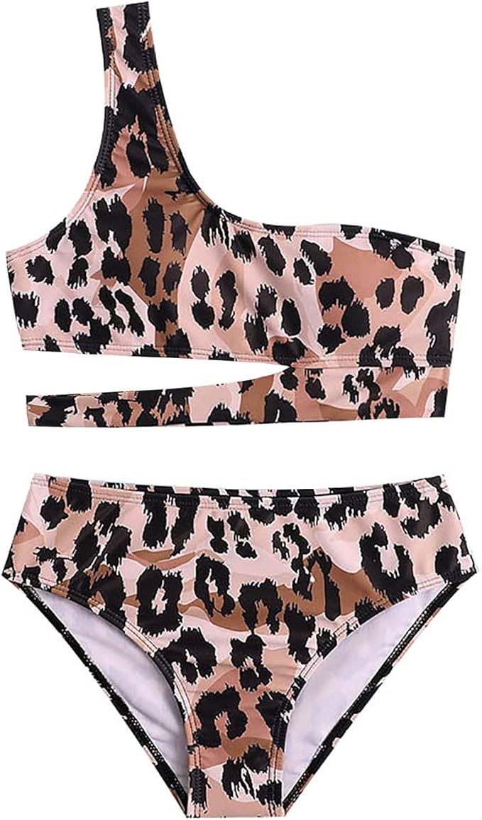 cm c&amp;m wodro 女童泳装豹纹印花儿童泳衣单肩高腰比基尼上衣