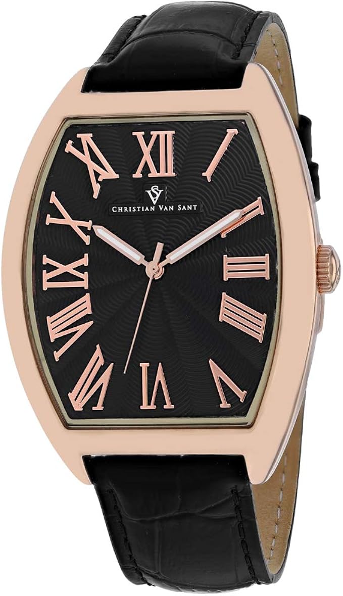 christian van sant 男士皇室不锈钢石英皮革表带,黑色,20 休闲手表