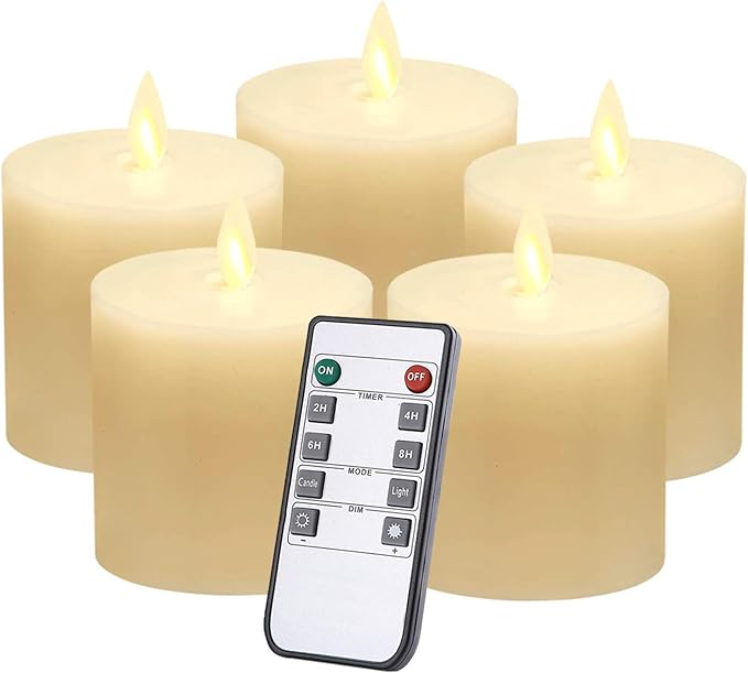 jiyimi 无焰电池蜡烛 象牙色 led 真蜡闪烁柱状灯 移动火焰蜡烛 5 节