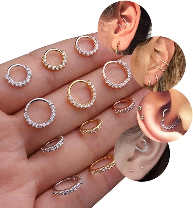 achieer 1 件镀金闪亮方晶锆石心形圆形身体穿孔首饰耳环螺旋状耳环