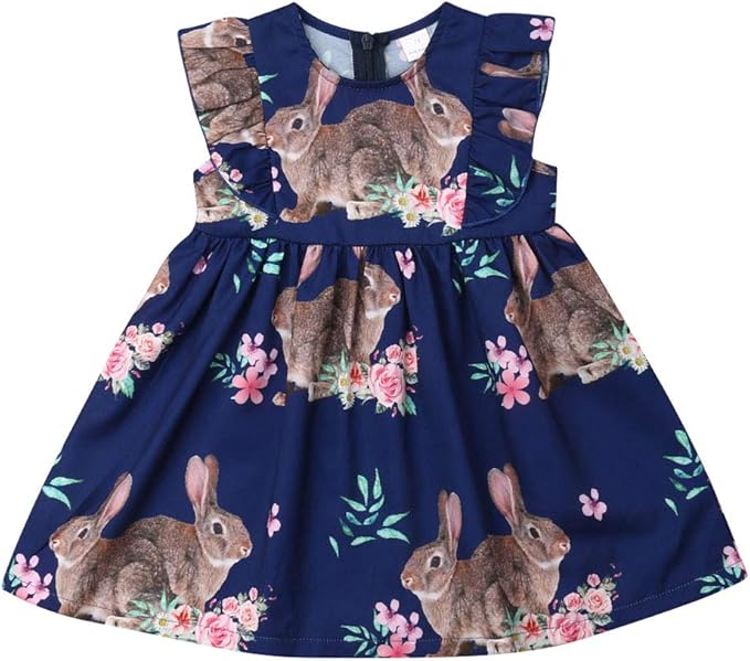 幼儿女婴复活节服装荷叶边无袖兔子连衣裙兔子印花连衫裤 my first