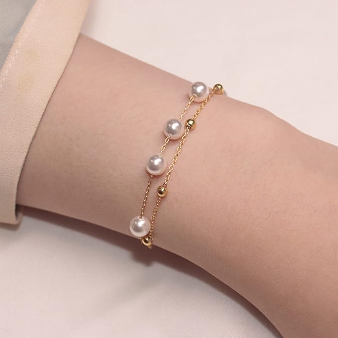 yiendoo 独特小珍珠手链链金色分层串珠手链珍珠卫星链手带精致珍珠