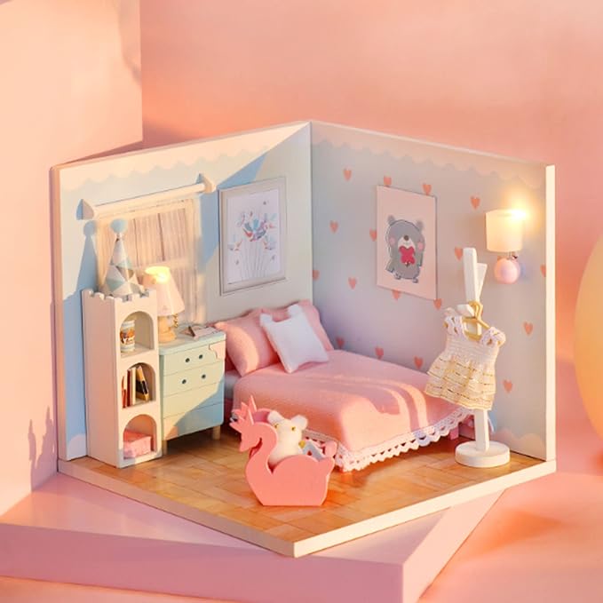 dollhouse 迷你玩具屋 带家具,diy 玩具屋套装,木质迷你房间,防尘,1