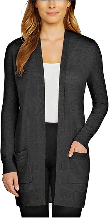 matty m 女式罗纹开衫毛衣,带口袋 炭灰色(charcoal gray) large