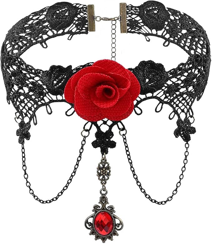哥特式黑色颈链蕾丝项链吸血鬼颈链项链带红色水钻吊坠万圣节服装首饰