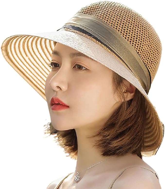 女式草编太阳帽,夏季宽帽檐帽女式经典花朵渔夫帽沙滩防紫外线太阳帽