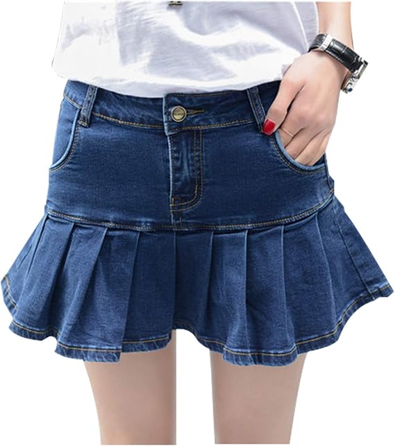 tanming 女式时尚修身 a 字型荷叶边褶皱牛仔迷你短裙