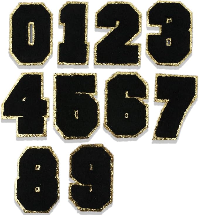 数字熨烫补丁缝制贴花 10 件数字套装雪尼尔刺绣补丁金色闪光边缘 0-9
