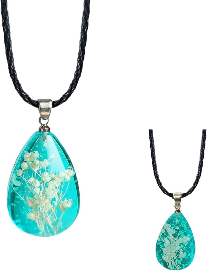 压花项链夜光婴儿*项链蓝色泪珠花朵吊坠干花项链女孩女士花朵首饰