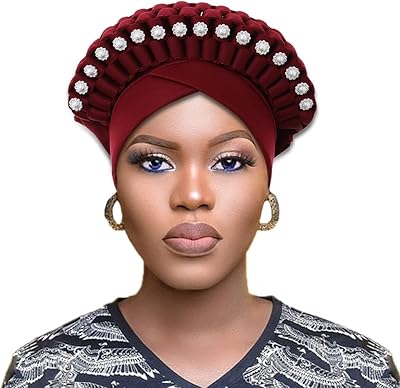 yeilhile braid 非洲头巾酒红色珍珠头巾花头套女式头饰, 红色, 均码